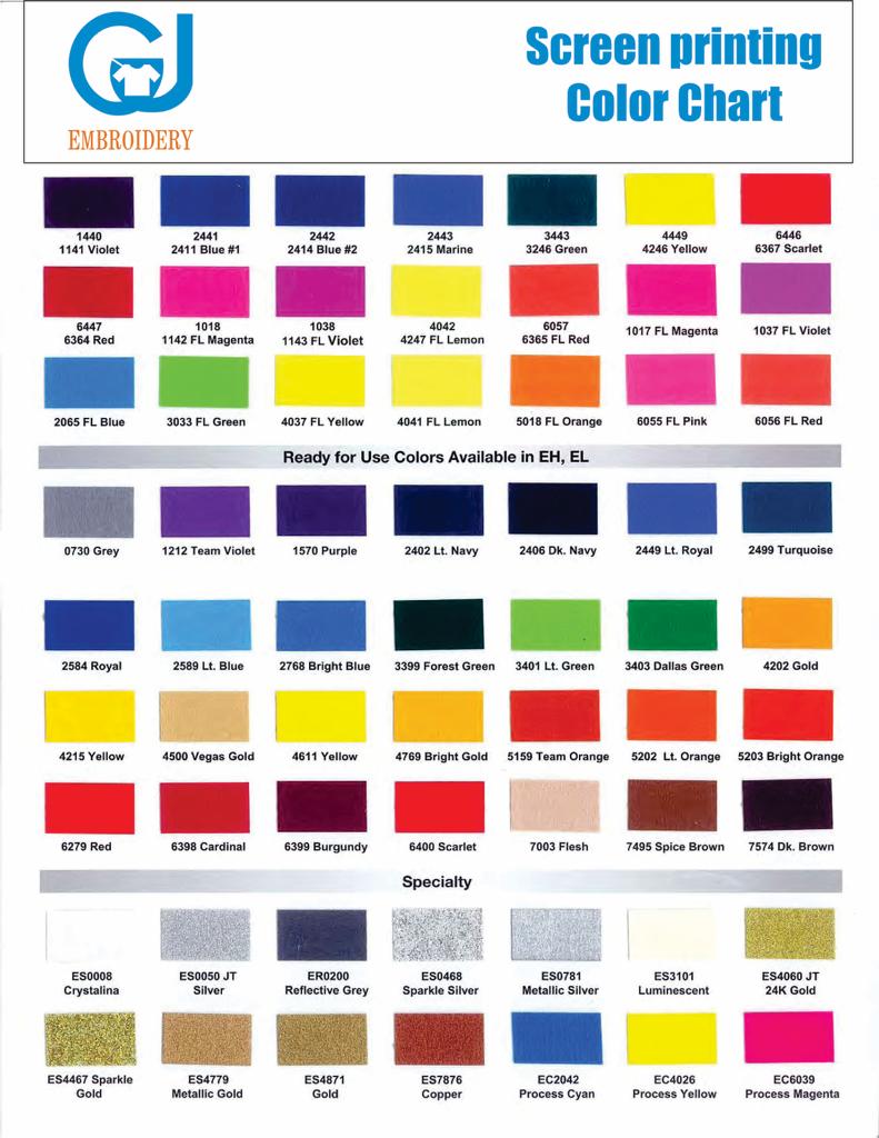 Screen Printing Color Chart - Gjembroidery